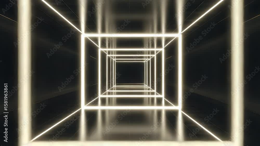 Poster a geometric tunnel illuminated by glowing square lines, creating a futuristic perspective