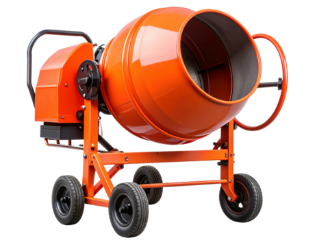 Used Orange Concrete Mixer with Light Residue and Raised Drum isolated on transparent background PNG