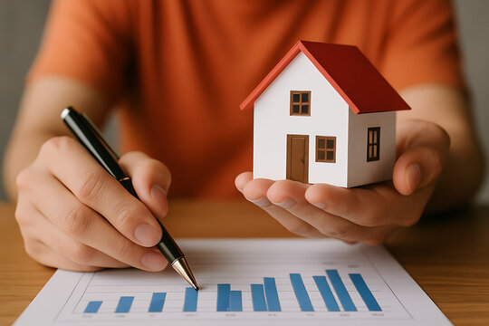 Presenting house model over financial chart showing real estate investment analysis home value growth or mortgage planning with pen in hand