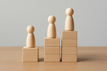 Three wooden figures on stacked cubes showing growth development and career success or progress leadership in business concept