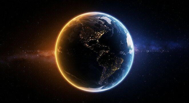A image of the Earth, with one half bathed in warm sunlight and the other in cool moonlight, illustrating the equal day and night of the equinox. A subtle, stylized line divides the hemispheres,  