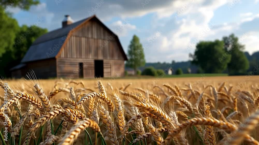 Poster golden wheat field in focus with a rustic wooden barn in the soft-focus background under a partly cl