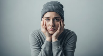 melancholy young woman in grey beanie with hands on chin
