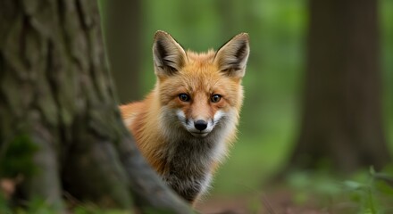 A curious fox peers from behind a tree in a lush forest setting.