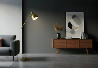 Modern living room interior with neutral tones. Floor lamp, couch and mid-century modern wooden sideboard with abstract art and pampas grass.