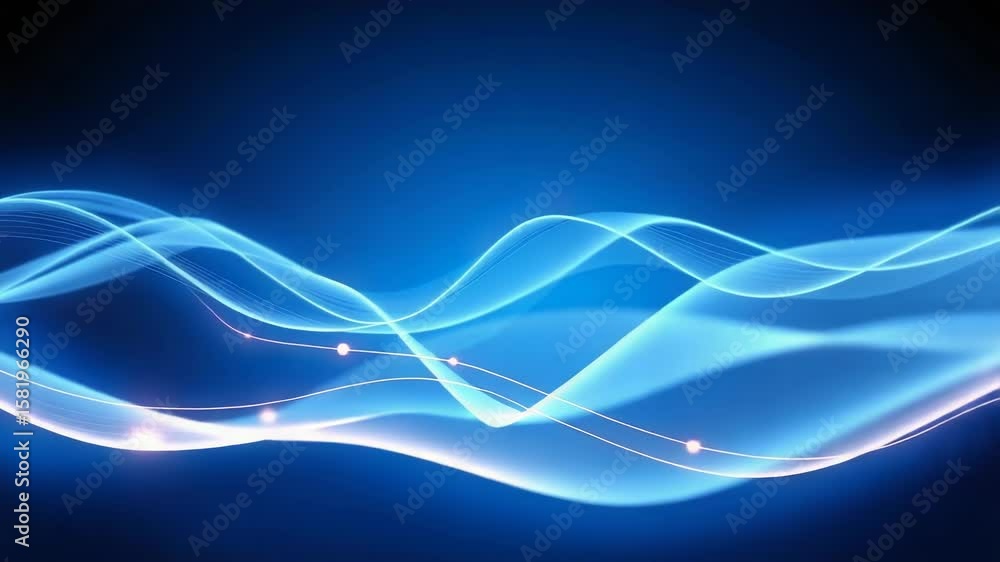 Poster abstract blue waves with glowing light particles flow smoothly across a dark background