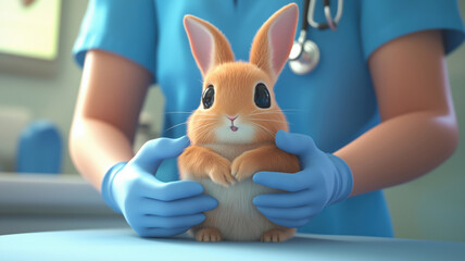 Cute rabbit being examined by veterinarian in clinic setting with caring hands.
