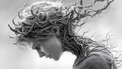 Anxiety shown as tangled wires wrapping around a person in grayscale room