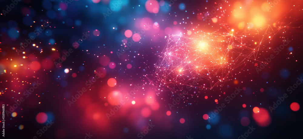 Poster colorful abstract background with glowing particles and network connections.