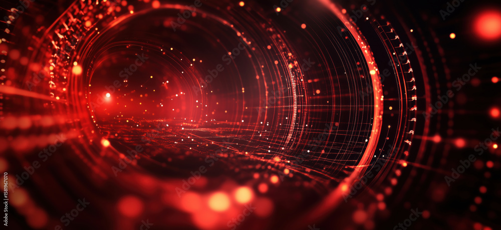 Poster abstract digital tunnel with glowing red lights and intricate patterns.