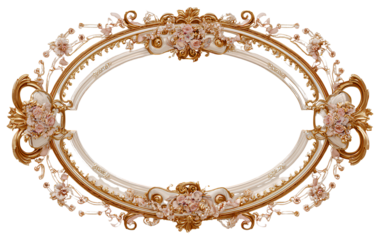 Vintage Gold Baroque Frame with Pearl Inlay and Ribbons, Top-Down Flat Lay, Isolated on Transparent Background