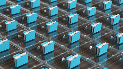 Blue file folders arranged in a digital grid network