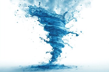 A swirling vortex of vibrant blue liquid against a stark white background, resembling a miniature watery tornado with splashing droplets