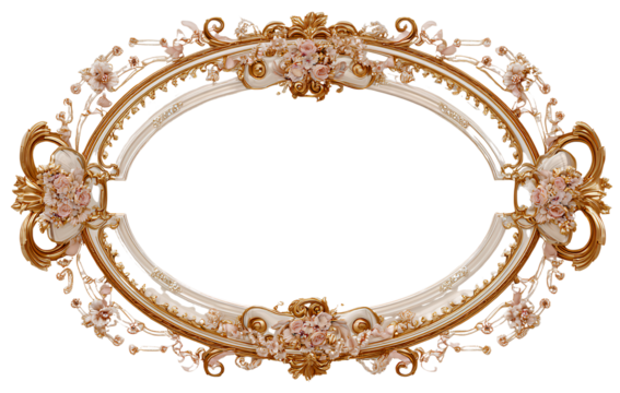 Vintage Gold Baroque Frame with Pearl Inlay and Ribbons, Top-Down Flat Lay, Isolated on Transparent Background