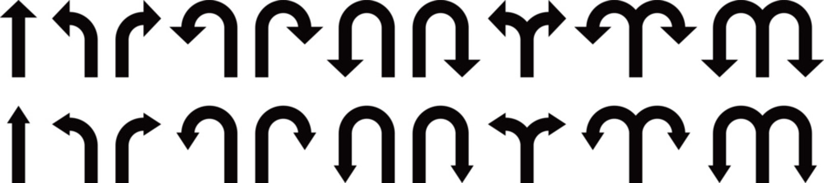 Set of Bold U-Turn and Arrow Icons, Collection of bold black directional arrow icons including U-turns, straight, curved, and loop arrows on white background.