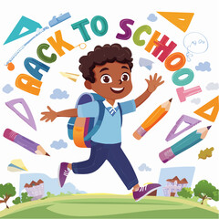 Vector illustration of energetic young boy running with backpack, surrounded by school supplies like crayons and rulers, symbolizing fun school life