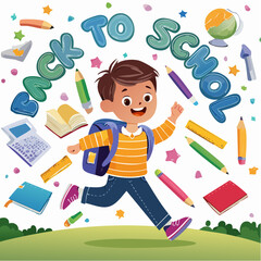 Vector of a happy young boy running with backpack and school supplies like crayons and rulers, representing playful learning