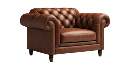 Classic brown leather tufted armchair with rolled arms and wooden legs for living room decor
