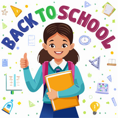 Illustration of a smart and happy schoolgirl holding a book and giving a thumbs-up, standing confidently in a school-themed vector artwork
