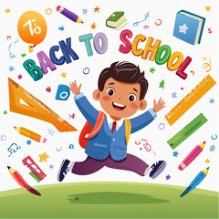 Energetic young boy running happily with backpack, surrounded by floating crayons and rulers, symbolizing joyful learning and school life