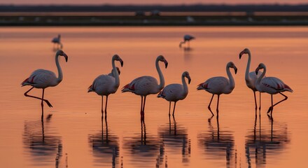 Naklejka premium A flock of flamingos stands in shallow water at sunset, their reflections visible in the calm surface.