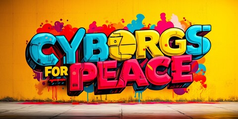 A vibrant urban mural with graffiti reading "Cyborgs for Peace"