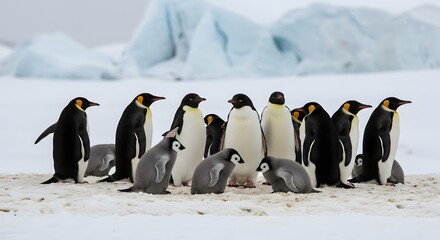 Obraz premium Emperor penguins and chicks huddle together on a snowy Antarctic landscape, with large icebergs in the background.