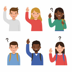 Fototapeta premium Diverse students raising hands and asking questions in a learning environment
