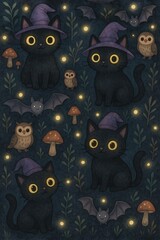 seamless background with Witch's black cat.