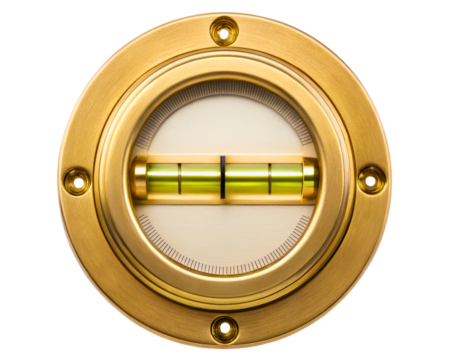 Circular bullseye spirit level with a brass case on a transparent background