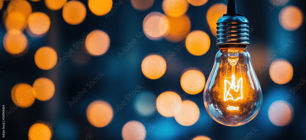 Poster glowing light bulb with warm bokeh background creating a cozy atmosphere.