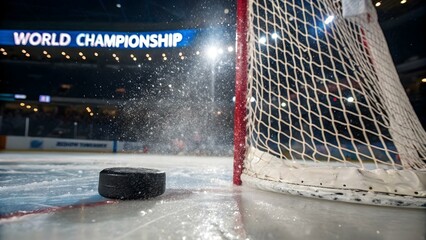 A hockey puck rests near the net during a world championship game, water splashing around it