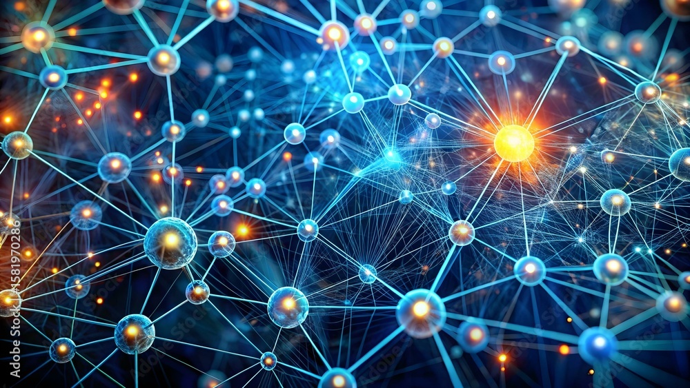 Poster a complex network of glowing molecules and atoms connects in a vibrant display of energy