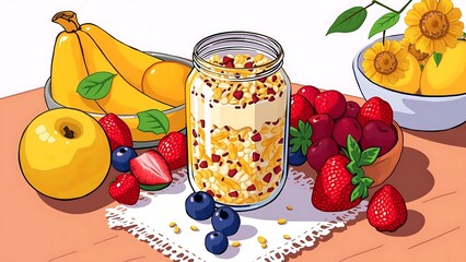 Jar of Muesli with Fresh Fruit on Table