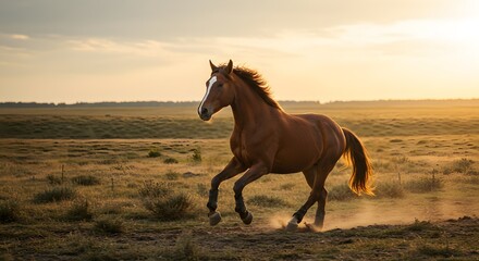 A brown horse galloping across a golden field at sunset.