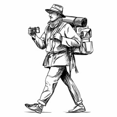 Obraz premium Tourist in a hat with a backpack walks with a camera in his hand. Black lines on white background. Graphics. Engraving. Linocut effect