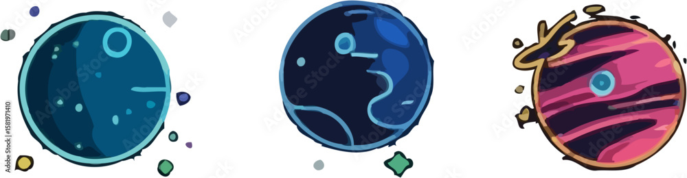 Poster three stylized planets with varying colors and patterns, floating in space.