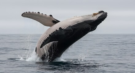 Fototapeta premium A humpback whale breaches the ocean surface, showcasing its immense size and intricate markings against a calm, grey sea.