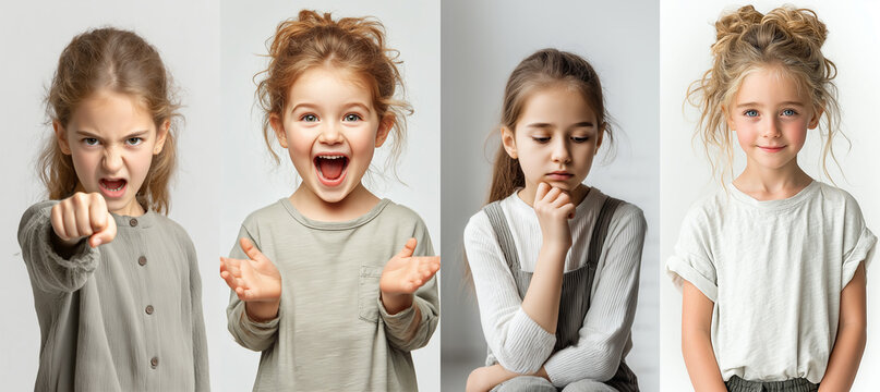 Set of four caucasian portraits showing children expressing the classic temperaments: choleric, sanguine, melancholic, and phlegmatic, with distinct facial emotions.
