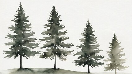 Obraz premium A watercolor painting of four pine trees standing tall on a gentle slope against a plain white background, evoking a serene winter forest scene