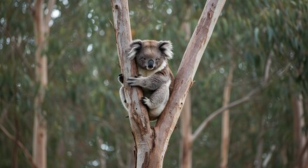 Fototapeta premium A koala clings to a eucalyptus tree branch in a forest, looking directly at the viewer.