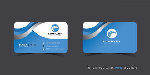 Modern blue and white business card design with company logo and contact information