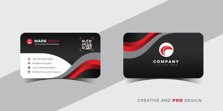 Modern black and red business card design with qr code and company logo