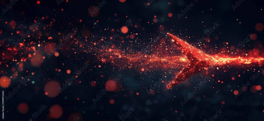 Poster dynamic abstract arrow with glowing particles and sparkles in dark background.