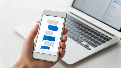 AI customer support for ecommerce. Mobile phone, hand, chat, message, technology, communication, and laptop in modern workspace. AI for service