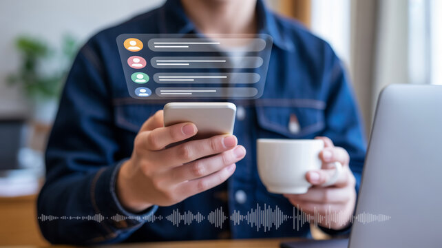 AI customer support for ecommerce. Person holding smartphone and coffee cup, digital chat interface, AI customer support. AI for service