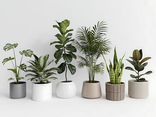 variety of indoor potted plants in colorful containers arranged on white background showcasing home decor and greenery