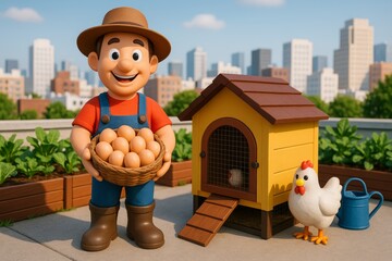 Smiling cartoon farmer holding a basket full of eggs next to a yellow chicken coop on a rooftop garden with city buildings in the background. Bright 3D illustration in plastic style.