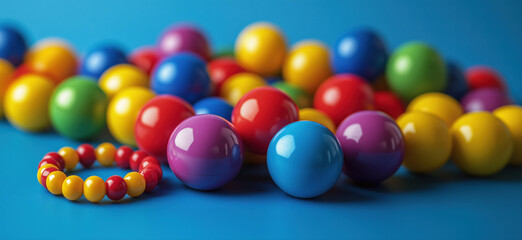 Colorful plastic balls and a beaded bracelet on vibrant blue background.