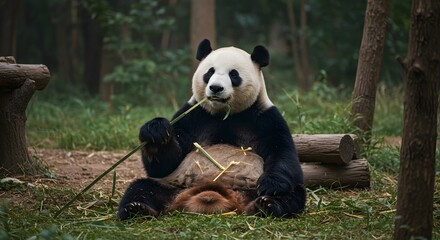 A giant panda peacefully eats bamboo in a lush forest enclosure.